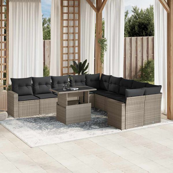 vidaXL 11-tlg. Garten-Sofagarnitur mit Kissen Hellgrau Poly Rattan