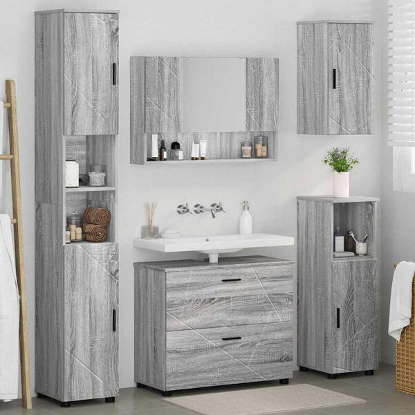 vidaXL Badezimmerm&ouml;bel-Set 5 pcs Graues Sonoma Sperrholz und Metall