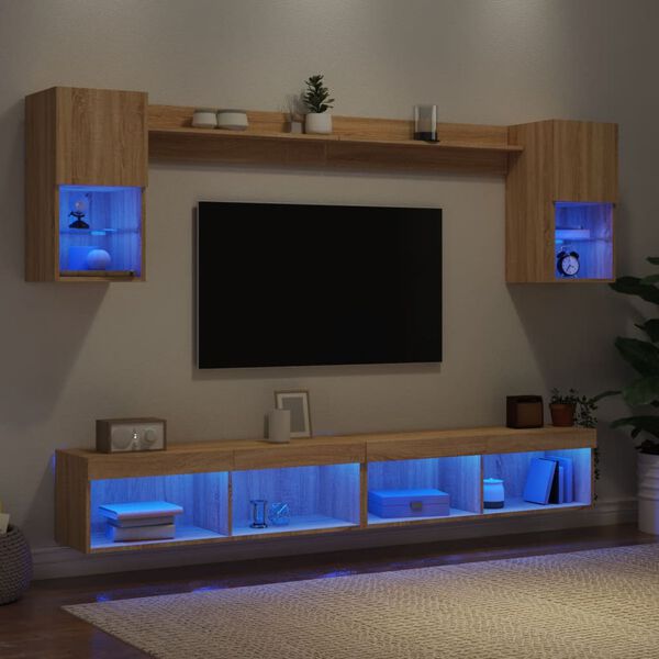 vidaXL 6-tlg. Wohnwand mit LED-Beleuchtung Sonoma-Eiche Holzwerkstoff