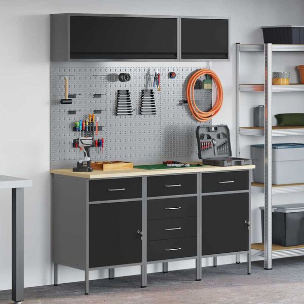 vidaXL Arbeitsschrankset mit Schubladen mit Speicher 8 pcs Schwarz