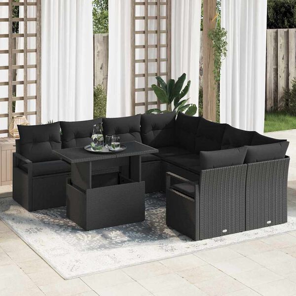 vidaXL Gartensofa-set mit Kissen 9 pcs Schwarz Poly Rattan