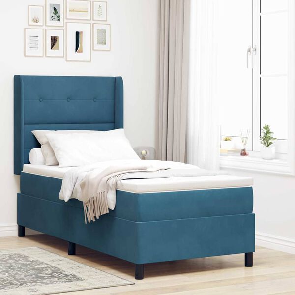 vidaXL LED Boxspringbett mit Matratze Blau 90 x 190 cm Samt
