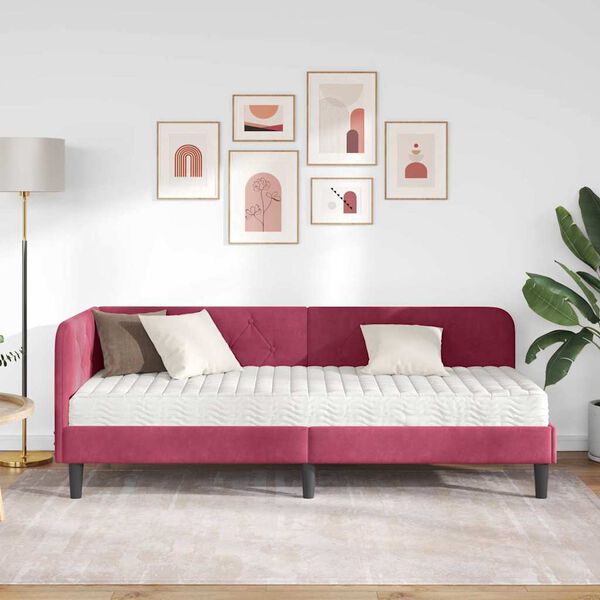 vidaXL Eckbettgestell mit Matratze Weinrot 80 x 200 cm Samt