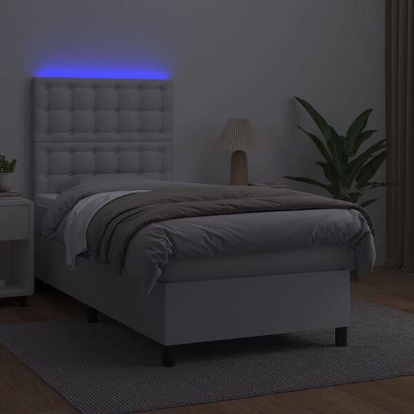 vidaXL Boxspringbett mit Matratze & LED Wei&szlig; 90x190 cm Kunstleder