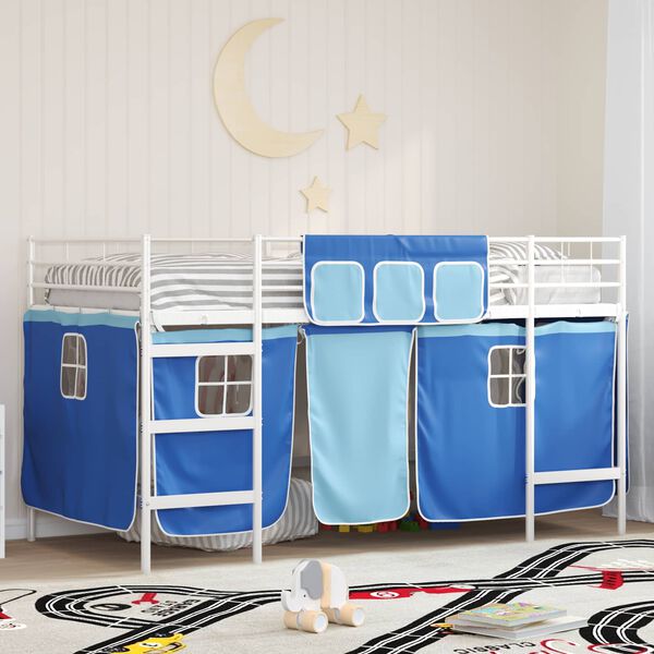 vidaXL Kinder Loft Bettgestell mit Vorh&auml;ngen Wei&szlig; und Blau