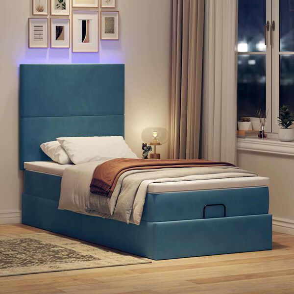 vidaXL Ottoman-Bett mit Matratzen & LEDs Dunkelblau 90x200 cm Samt
