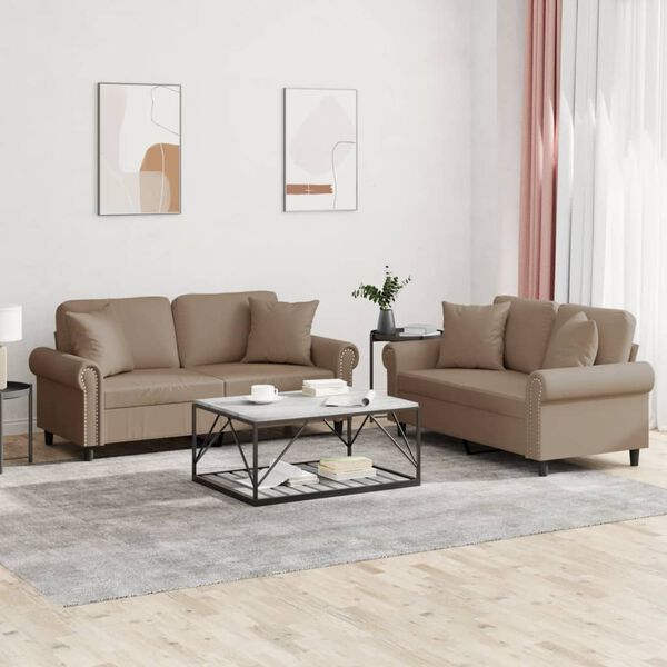 vidaXL 2-tlg. Sofagarnitur mit Kissen Cappuccino-Braun Kunstleder