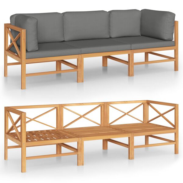 vidaXL 3-Sitzer-Gartensofa mit Grauen Kissen Massivholz Teak