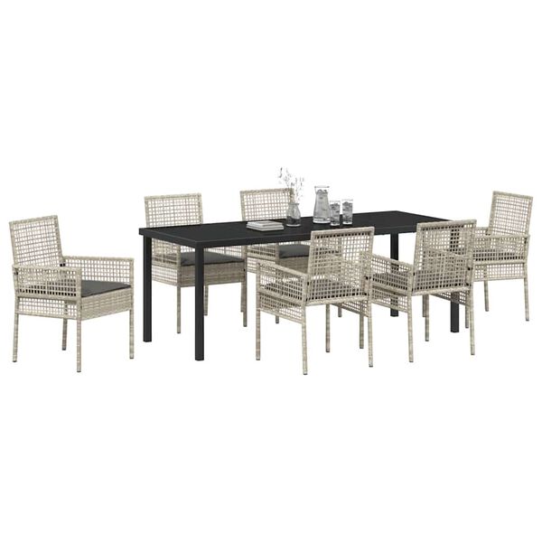 vidaXL Garten Essgruppe mit Kissen 7 pcs Hellgrau Poly-Rattan
