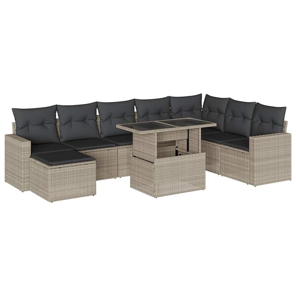 vidaXL 9-tlg. Garten-Sofagarnitur mit Kissen Hellgrau Poly Rattan