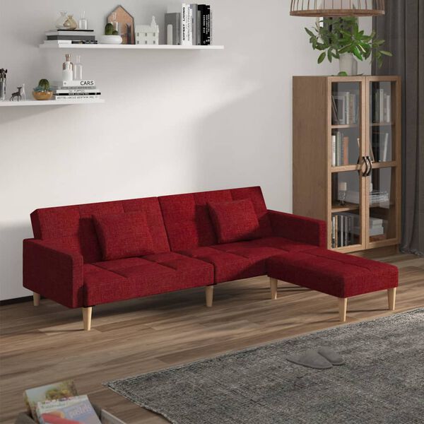 vidaXL Schlafsofa 2-Sitzer mit 2 Kissen & Hocker Weinrot Stoff