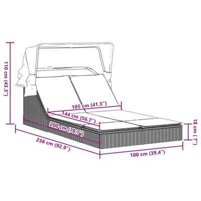 vidaXL Doppel-Sonnenliege mit Dach und Auflagen Beige Poly Rattan