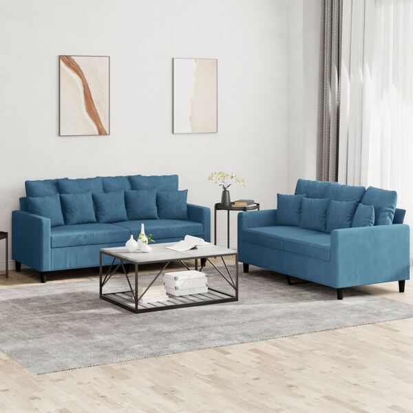 vidaXL 2-tlg. Sofagarnitur mit Kissen Blau Samt