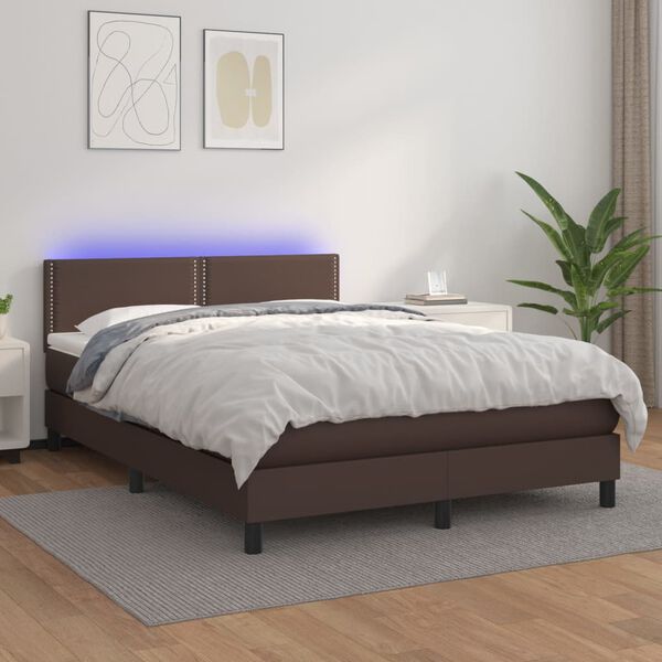 vidaXL Boxspringbett mit Matratze & LED Braun 140x200 cm Kunstleder