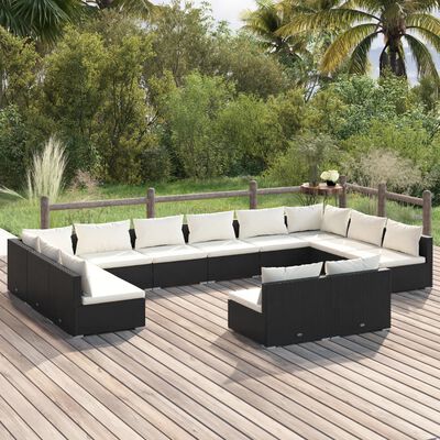 vidaXL 12-tlg. Garten-Lounge-Set mit Kissen Schwarz Poly Rattan