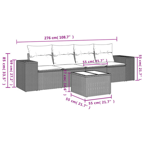 vidaXL 5-tlg. Garten-Sofagarnitur mit Kissen Schwarz Poly Rattan