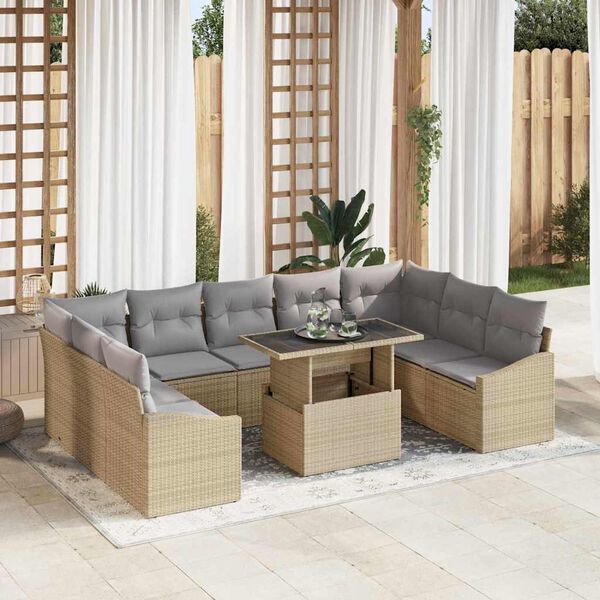 vidaXL Sofa Set mit Kissen 10 pcs Beige und Hellgrau Poly-Rattan