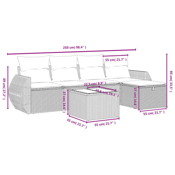 vidaXL 6-tlg. Garten-Sofagarnitur mit Kissen Schwarz Poly Rattan