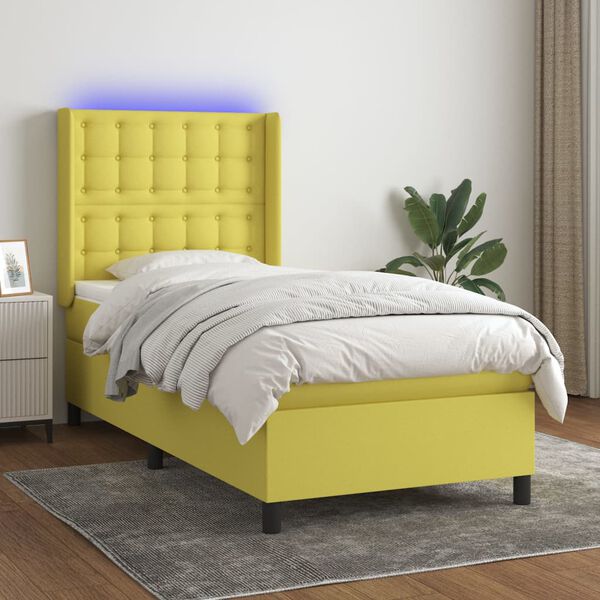 vidaXL Boxspringbett mit Matratze & LED Gr&uuml;n 90x190 cm Stoff