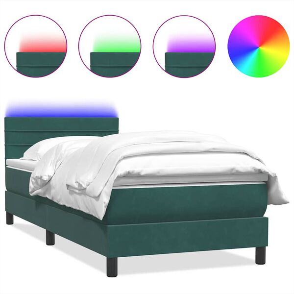 vidaXL Boxspringbett mit Matratze & LED Dunkelgr&uuml;n 90x220 cm Samt