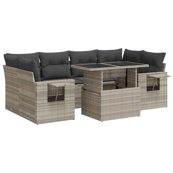 vidaXL 7-tlg. Garten-Sofagarnitur mit Kissen Hellgrau Poly Rattan