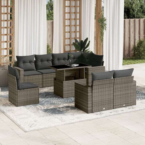 vidaXL 9-tlg. Garten-Sofagarnitur mit Kissen Grau Poly Rattan