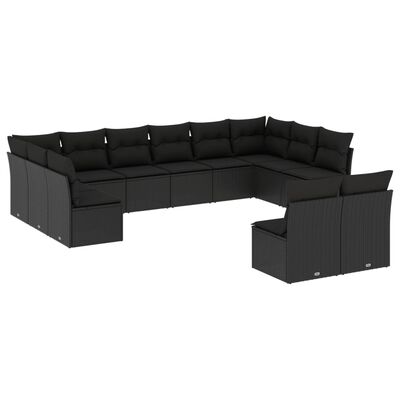 vidaXL 12-tlg. Garten-Sofagarnitur mit Kissen Schwarz Poly Rattan