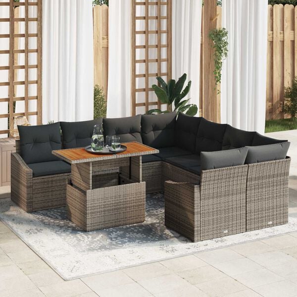 vidaXL Garten-Sofa-Set mit Speicher 9 pcs Grau Poly Rattan