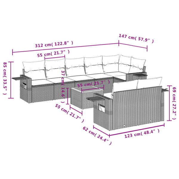 vidaXL 9-tlg. Garten-Sofagarnitur mit Kissen Beige Poly Rattan