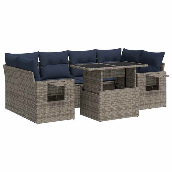 vidaXL 7-tlg. Garten-Sofagarnitur mit Kissen Grau Poly Rattan