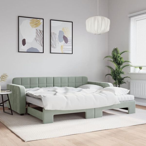 vidaXL Tagesbett Ausziehbar mit Matratzen Hellgrau 90x190 cm Samt
