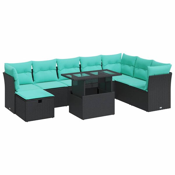 vidaXL 9-tlg. Garten-Sofagarnitur mit Kissen Schwarz Poly Rattan