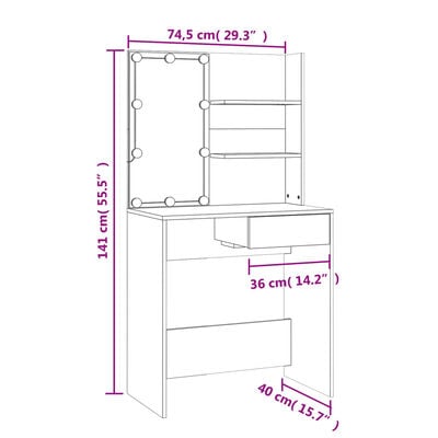 vidaXL Schminktisch mit LED Betongrau 74,5x40x141 cm