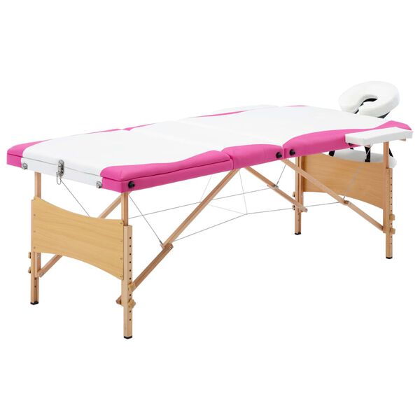 vidaXL Massageliege Klappbar 3-Zonen mit Holzgestell Wei&szlig; und Rosa
