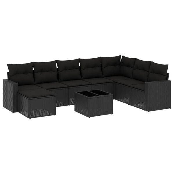 vidaXL 9-tlg. Garten-Sofagarnitur mit Kissen Schwarz Poly Rattan