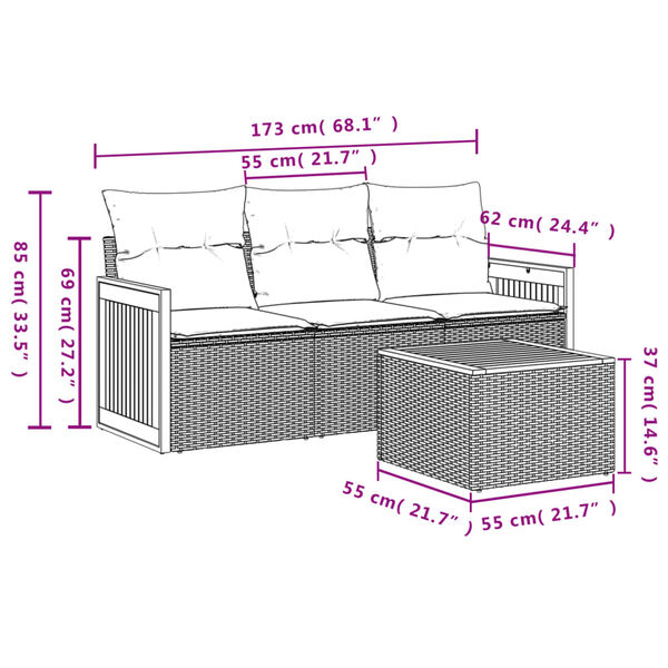 vidaXL 4-tlg. Garten-Sofagarnitur mit Kissen Grau Poly Rattan