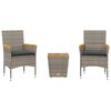 vidaXL 3-tlg. Bistro-Set mit Kissen Grau Poly Rattan und Glas