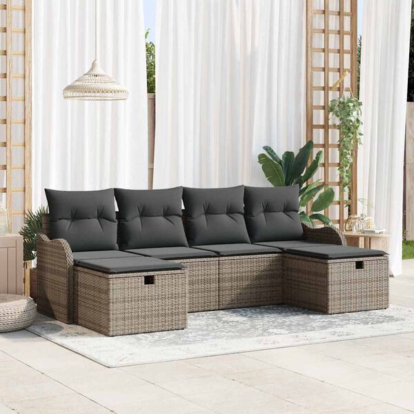 vidaXL Garten-Sofa-Set mit Kissen mit Speicher 6 pcs Grau Poly Rattan