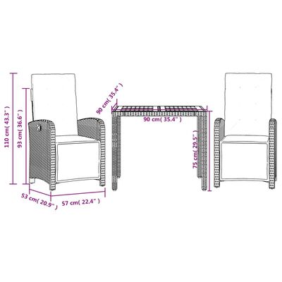 vidaXL 3-tlg. Bistro-Set mit Kissen Schwarz Poly Rattan