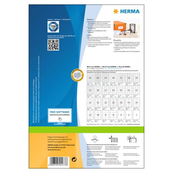 HERMA Etiketten PREMIUM Permanent Haftend A4 70x41 mm 100 Bl&auml;tter