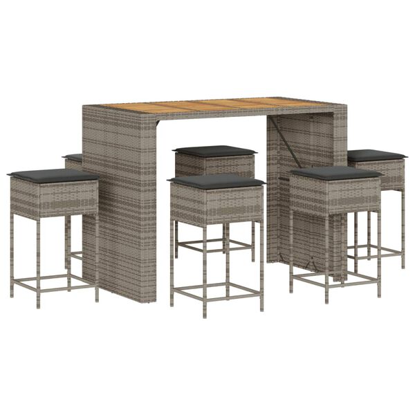 vidaXL 7-tlg. Gartenbar-Set mit Kissen Grau Poly Rattan