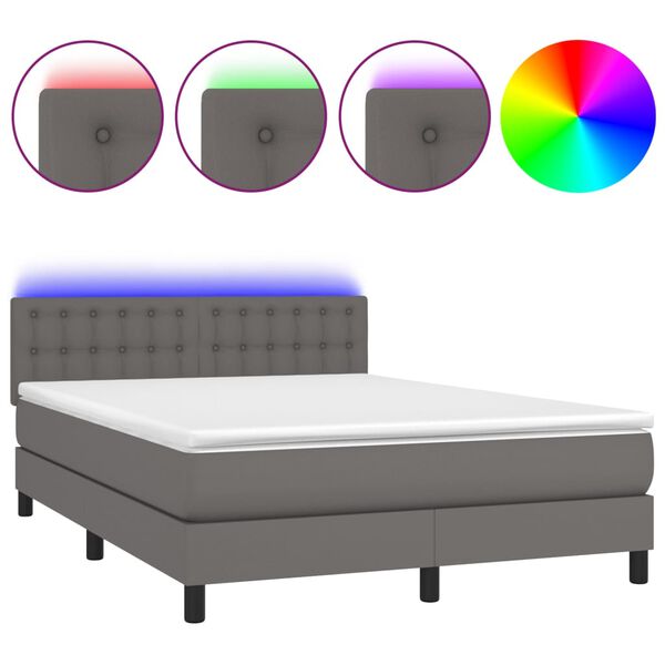 vidaXL Boxspringbett mit Matratze & LED Grau 140x200 cm Kunstleder