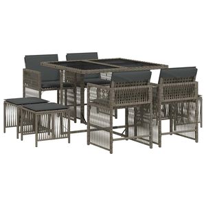 vidaXL 9-tlg. Garten-Essgruppe mit Kissen Grau Poly Rattan