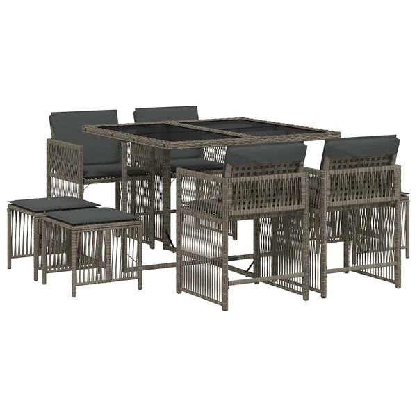 vidaXL 9-tlg. Garten-Essgruppe mit Kissen Grau Poly Rattan