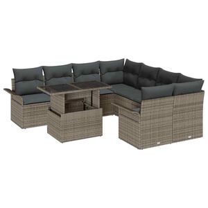vidaXL Gartensofa-set mit Kissen mit Speicher 9 pcs Grau Poly Rattan