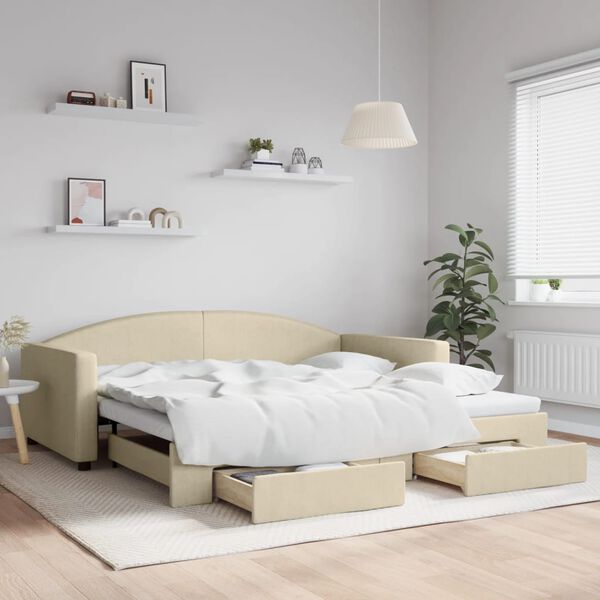 vidaXL Tagesbett Ausziehbar mit Schubladen Creme 100x200 cm Stoff