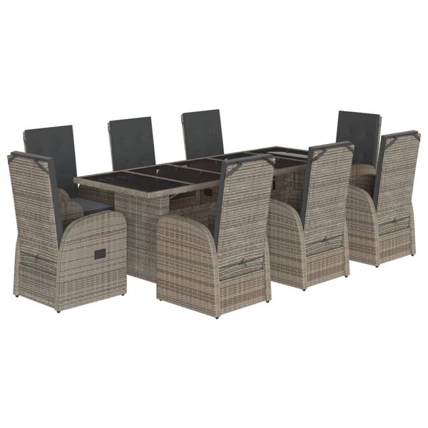 vidaXL 9-tlg. Garten-Essgruppe mit Kissen Grau Poly Rattan