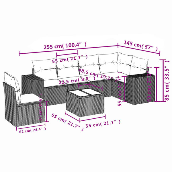 vidaXL 7-tlg. Garten-Sofagarnitur mit Kissen Beige Poly Rattan