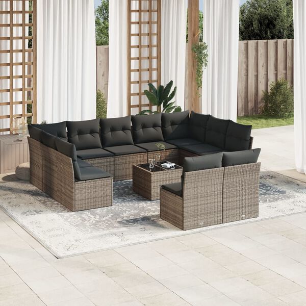 vidaXL 12-tlg. Garten-Sofagarnitur mit Kissen Grau Poly Rattan