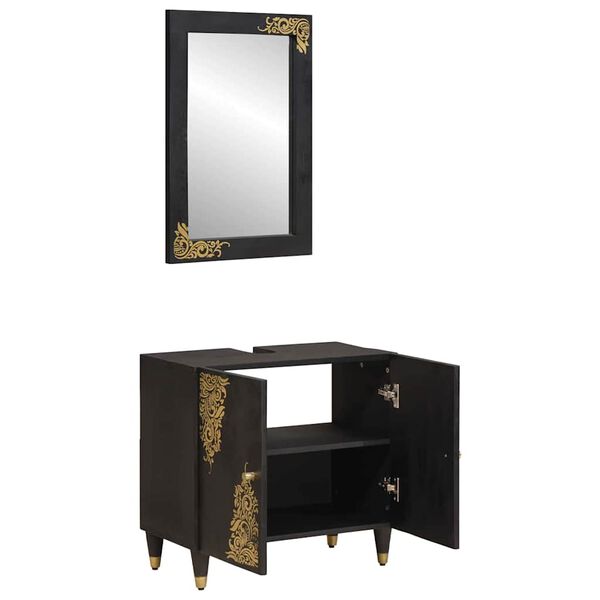 vidaXL Badezimmerschrank-Set mit T&uuml;r 2 pcs Schwarz Massivholz Mango